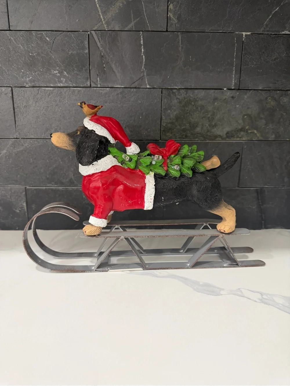 Festive Dachshund Santa Sleigh Figurine - Red